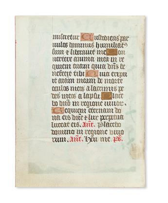 MANUSCRIPT LEAF.  Vellum leaf from a Latin Book of Hours with 4-line illuminated initial D depicting skull.  15th century